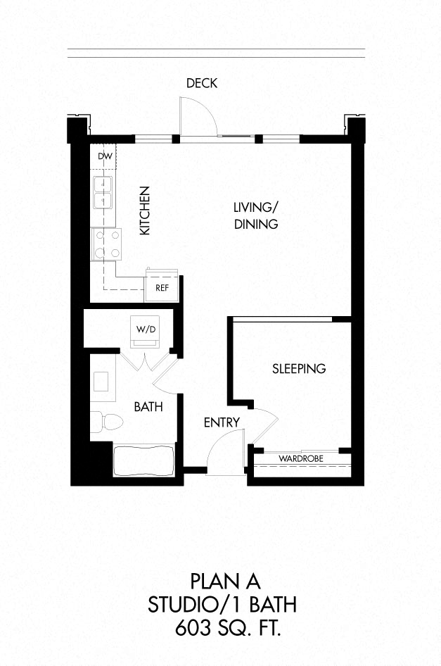 Floor plan for studio, 1 bath, 604 sqft
